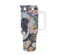 QMKFWT Border Collie Florals - Tasse à café de voyage réutilisable en acier inoxydable durable avec poignée et paille, résistant aux fuites, portable, gobelet isotherme pour homme et femme, 1,2 l