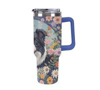 QMKFWT Border Collie Florals - Tasse à café de voyage réutilisable en acier inoxydable durable avec poignée et paille, résistant aux fuites, portable, gobelet isotherme pour homme et femme, 1,2 l