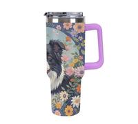 QMKFWT Border Collie Florals - Tasse à café de voyage réutilisable en acier inoxydable durable avec poignée et paille, résistant aux fuites, portable, gobelet isotherme pour homme et femme, 1,2 l