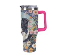 QMKFWT Border Collie Florals - Tasse à café de voyage réutilisable en acier inoxydable durable avec poignée et paille, résistant aux fuites, portable, gobelet isotherme pour homme et femme, 1,2 l