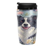 QMKFWT Border Collie Florals Tasse à café réutilisable isotherme étanche avec couvercle à double paroi anti-déversement pour café glacé/chaud, cadeau pour les mères et les pères