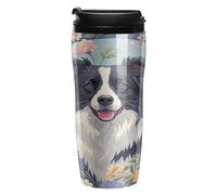 QMKFWT Border Collie Florals Tasse à café réutilisable isotherme étanche avec couvercle à double paroi anti-déversement pour café glacé/chaud, cadeau pour les mères et les pères