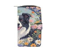 QMKFWT Border Collie Portefeuille long en cuir avec fenêtre pour carte d'identité Motif floral