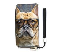 QMKFWT Bouledogue français portant des lunettes de soleil portefeuille grande capacité d'embrayage porte-monnaie en cuir PU longue pochette à fermeture éclair portefeuille unisexe, blanc, 20 x 10,5