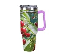 QMKFWT Cherry - Tasse à café de voyage réutilisable en acier inoxydable durable avec poignée et paille, résistant aux fuites, tasse thermique portable, cadeau pour homme et femme, 1,2 l