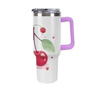 QMKFWT Cute Cherry - Tasse à café de voyage réutilisable et durable en acier inoxydable avec poignée et paille, résistant aux fuites, tasse thermique portable, cadeau pour homme et femme, 1200 ml