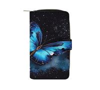 QMKFWT Galaxy Portefeuille long en cuir avec fenêtre pour carte d'identité Motif papillon Bleu