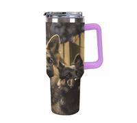 QMKFWT German Shepherd - Tasse à café de voyage réutilisable et durable en acier inoxydable avec poignée et paille, résistant aux fuites, tasse isotherme portable pour homme et femme, 1200 ml