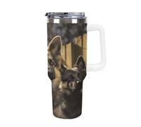 QMKFWT German Shepherd - Tasse à café de voyage réutilisable et durable en acier inoxydable avec poignée et paille, résistant aux fuites, tasse isotherme portable pour homme et femme, 1200 ml