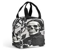 QMKFWT Grand sac à déjeuner isotherme durable avec fleurs et tête de mort - Portable et étanche - Réutilisable - Pour le travail, les voyages, les pique-niques