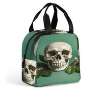 QMKFWT Grand sac à déjeuner isotherme durable avec fond vert tête de mort et feuilles - Portable et étanche - Pour le travail, les voyages, les pique-niques