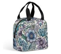 QMKFWT Grand sac à déjeuner isotherme durable avec motif fleurs bleues et violettes - Portable - Étanche - Réutilisable - Pour le travail, les voyages, le pique-nique