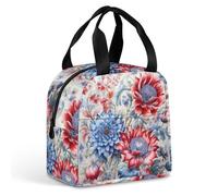 QMKFWT Grand sac à déjeuner isotherme durable avec motif fleurs rouges et bleues - Boîte à déjeuner portable et étanche - Réutilisable - Pour le travail, les voyages, le pique-nique