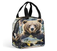 QMKFWT Grand sac à déjeuner isotherme durable avec ours tenant un poisson - Boîte à déjeuner portable et étanche - Réutilisable - Pour le travail, les voyages, les pique-niques