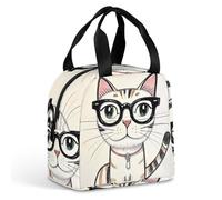 QMKFWT Grand sac à déjeuner isotherme et durable avec motif hipster, chat, chaton, lunettes, boîte à déjeuner portable, étanche, réutilisable, pour le travail, les voyages, le pique-nique