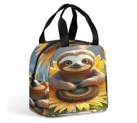QMKFWT Grand sac à déjeuner isotherme et durable avec motif paresseux assis sur un tournesol, portable, étanche, réutilisable, pour le travail, les voyages, les pique-niques