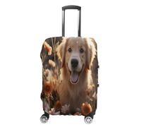 QMKFWT Housse de bagage de voyage Golden Retriever et fleurs - Lavable, anti-rayures et anti-poussière - Pour bagages à roulettes de 48 à 81 cm, blanc, M