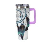 QMKFWT Native American Dream Catcher - Tasse à café de voyage réutilisable et durable en acier inoxydable avec poignée et paille, résistant aux fuites, tasse isotherme portable pour homme et femme