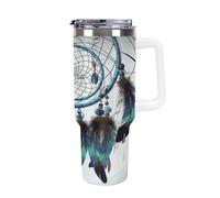QMKFWT Native American Dream Catcher - Tasse à café de voyage réutilisable et durable en acier inoxydable avec poignée et paille, résistant aux fuites, tasse isotherme portable pour homme et femme