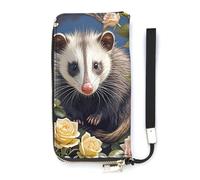 QMKFWT Opossum And Roses Portefeuille de grande capacité Pochette en cuir PU Longue fermeture éclair Portefeuille Unisexe Blanc 20 x 10,5 cm, blanc, 20x10.5cm, Portefeuille