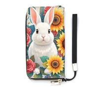 QMKFWT Portefeuille aquarelle lapin et fleurs grande capacité pochette en cuir PU longue fermeture éclair portefeuille unisexe, blanc, 20 x 10,5 cm, portefeuille, blanc, 20x10.5cm, Portefeuille