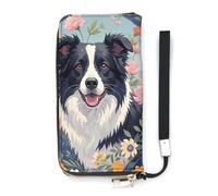QMKFWT Portefeuille Border Collie Florals de grande capacité en cuir synthétique avec longue fermeture éclair - Unisexe - Blanc - 20 x 10,5 cm, blanc, 20x10.5cm, Portefeuille