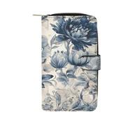 QMKFWT Portefeuille en cuir à motif floral bleu long portefeuille classique à deux volets pour femme avec fenêtre d'identification