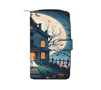 QMKFWT Portefeuille en cuir avec fenêtre pour carte d'identité Motif maison hantée Sorcière Halloween