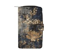 QMKFWT Portefeuille en cuir avec motif fleurs dorées et noires pour chéquier classique à deux volets pour femme avec fenêtre d'identification