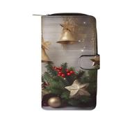 QMKFWT Portefeuille en cuir avec motif sapin de Noël et cloches pour chèque, portefeuille classique à deux volets, pochette pour femme avec fenêtre d'identification