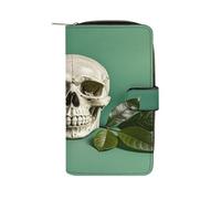 QMKFWT Portefeuille en cuir avec motif tête de mort et feuilles sur fond vert