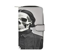 QMKFWT Portefeuille en cuir noir et blanc avec motif fleurs et tête de mort, portefeuille classique à deux volets pour dames avec fenêtre d'identification