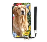 QMKFWT Portefeuille Golden Retriever et fleurs de grande capacité en cuir synthétique avec longue fermeture éclair - Unisexe - Blanc - 20 x 10,5 cm, blanc, 20x10.5cm, Portefeuille