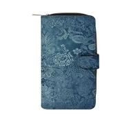 QMKFWT Portefeuille long en cuir à motif floral bleu avec fenêtre pour carte d'identité