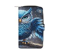 QMKFWT Portefeuille long en cuir avec fenêtre pour carte d'identité Motif hibou Bleu