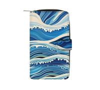 QMKFWT Portefeuille long en cuir avec fenêtre pour carte d'identité Motif vague Bleu