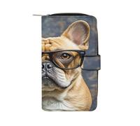 QMKFWT Portefeuille long en cuir avec motif bouledogue français portant des lunettes de soleil pour femme classique à deux volets avec fenêtre d'identification
