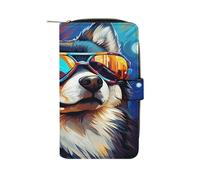QMKFWT Portefeuille long en cuir avec motif chien portant des lunettes - Portefeuille classique à deux volets pour femme avec fenêtre d'identification