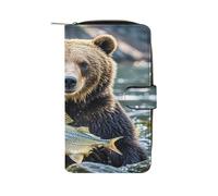 QMKFWT Portefeuille long en cuir avec motif ours tenant un poisson, portefeuille classique à deux volets pour femme avec fenêtre d'identification