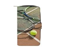 QMKFWT Portefeuille long en cuir avec raquettes de tennis et balles de tennis - Portefeuille classique à deux volets pour femme avec fenêtre d'identification