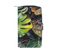 QMKFWT Portefeuille long en cuir coloré à motif feuilles tropicales pour chéquier classique à deux volets pour dames avec fenêtre d'identification