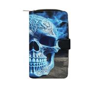 QMKFWT Portefeuille long en cuir imprimé 3D motif tête de mort bleu classique pour dames avec fenêtre d'identification