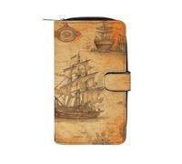 QMKFWT Portefeuille long en cuir motif bateau et boussole pour chéquier classique à deux volets pour femme avec fenêtre d'identification