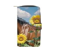 QMKFWT Portefeuille long en cuir motif cheval et tournesol pour chéquier classique à deux volets pour femme avec fenêtre d'identification