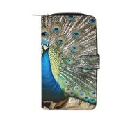 QMKFWT Portefeuille long en cuir motif paon pour chéquier classique à deux volets avec fenêtre d'identification pour femme