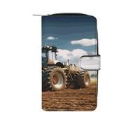 QMKFWT Portefeuille long en cuir motif tracteur de ferme fantastique pour chéquier classique à deux volets pour femme avec fenêtre d'identification
