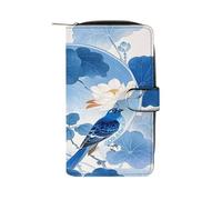 QMKFWT Portefeuille long en cuir style chinois avec fenêtre pour carte d'identité Motif fleurs et oiseaux Bleu et blanc