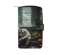 QMKFWT Portefeuille long en cuir sur le thème de l'horreur d'Halloween - Portefeuille classique à deux volets pour femme avec fenêtre d'identification