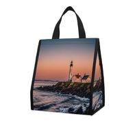 QMKFWT Portland River Lighthouse Sunrise Sac à déjeuner isotherme pliable et réutilisable pour homme et femme