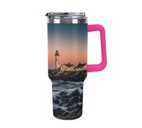 QMKFWT Portland River Lighthouse Sunrise - Tasse à café de voyage réutilisable, durable, en acier inoxydable avec poignée et paille, résistant aux fuites, portable, tasse isotherme pour homme et femme